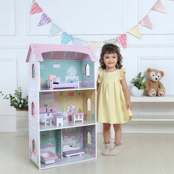 Casa delle bambole in legno Ecotoys con ascensore e mobili, 114 cm, 3 piani