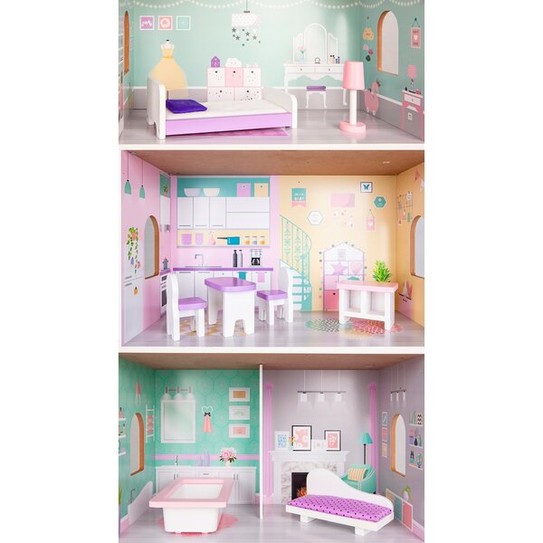 Casa delle bambole in legno Ecotoys con ascensore e mobili, 114 cm, 3 piani