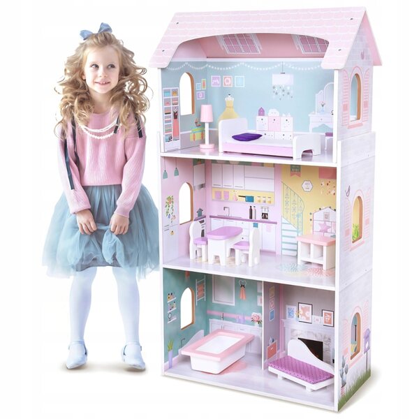 Casa delle bambole in legno Ecotoys con ascensore e mobili, 114 cm, 3 piani