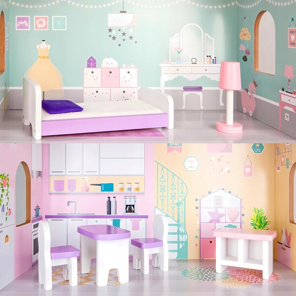 Casa delle bambole in legno Ecotoys con ascensore e mobili, 114 cm, 3 piani