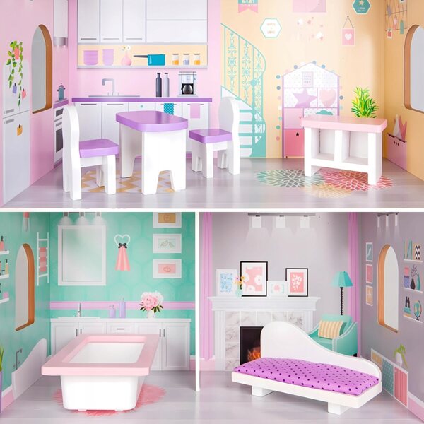 Casa delle bambole in legno Ecotoys con ascensore e mobili, 114 cm, 3 piani