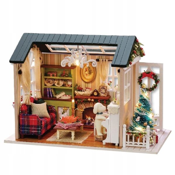Puppenhaus-Miniatur 1:24 zum Selbermachen mit LED-Lichtern – Weihnachtsdekoration