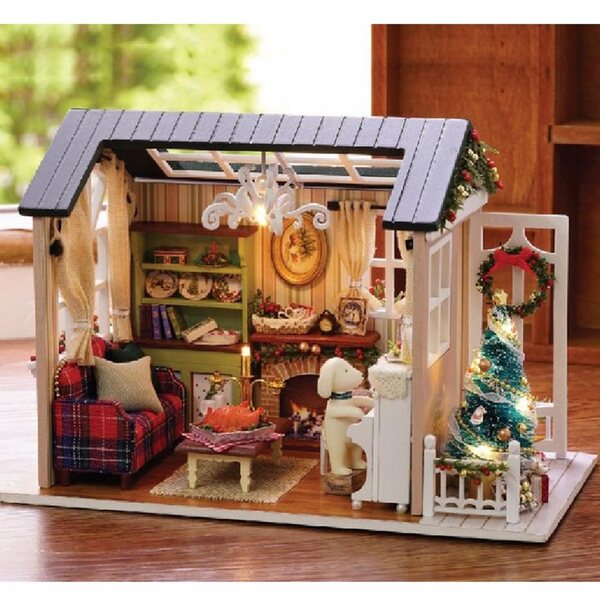 Puppenhaus-Miniatur 1:24 zum Selbermachen mit LED-Lichtern – Weihnachtsdekoration
