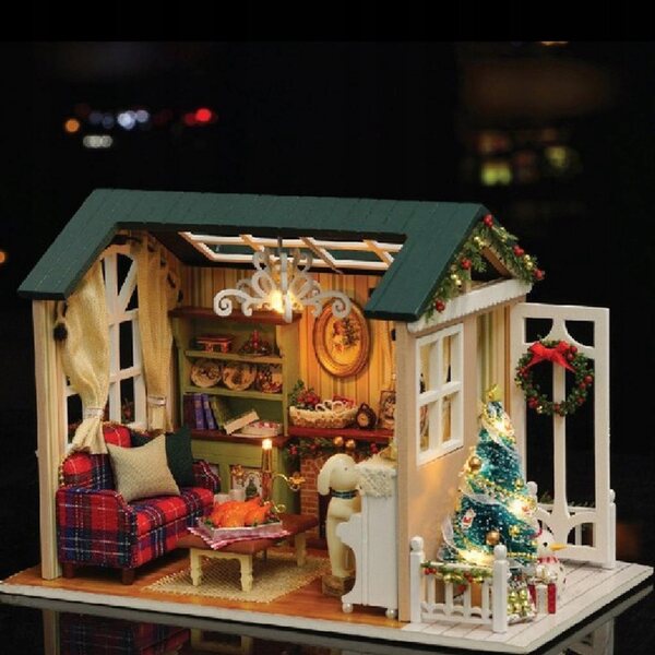 Puppenhaus-Miniatur 1:24 zum Selbermachen mit LED-Lichtern – Weihnachtsdekoration
