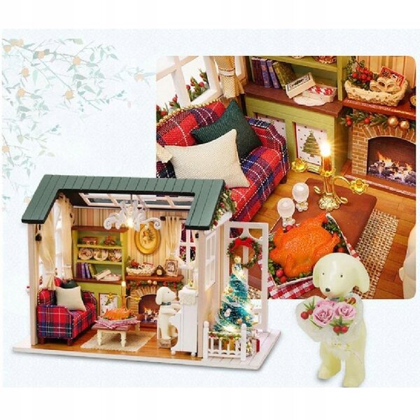 Puppenhaus-Miniatur 1:24 zum Selbermachen mit LED-Lichtern – Weihnachtsdekoration