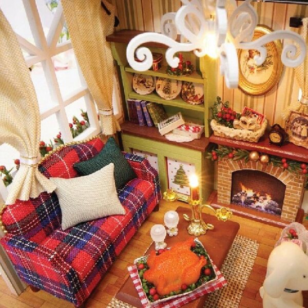 Puppenhaus-Miniatur 1:24 zum Selbermachen mit LED-Lichtern – Weihnachtsdekoration