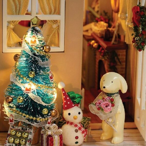 Puppenhaus-Miniatur 1:24 zum Selbermachen mit LED-Lichtern – Weihnachtsdekoration