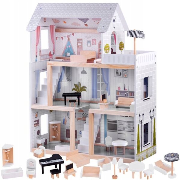 Casa delle bambole in legno con 2 piani, mobili, scale, terrazza e illuminazione a LED