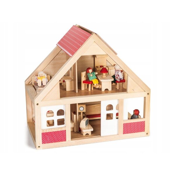 Casa delle bambole con tetto rosso in legno con mobili e personaggi 50x30x46 cm
