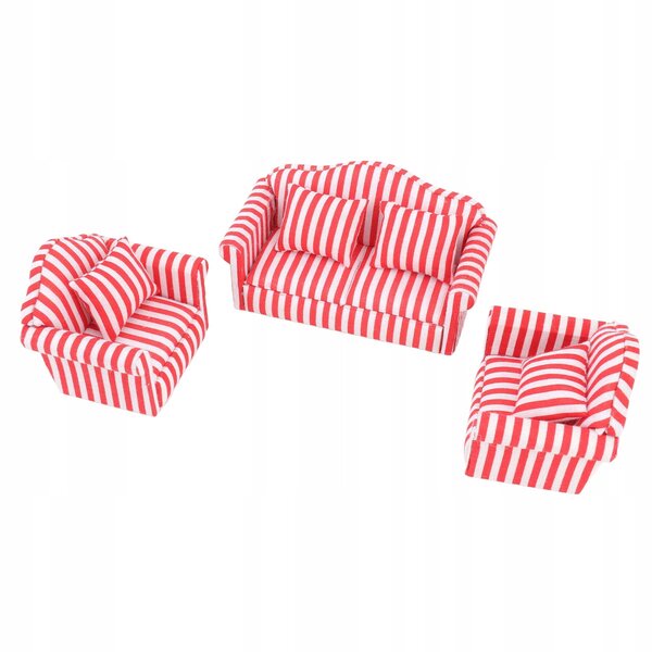 Set di 3 Divani in Tessuto e Legno di Pino per Casa delle Bambole 1:12