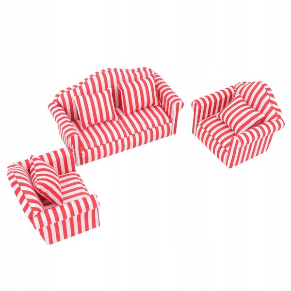 Set di 3 Divani in Tessuto e Legno di Pino per Casa delle Bambole 1:12