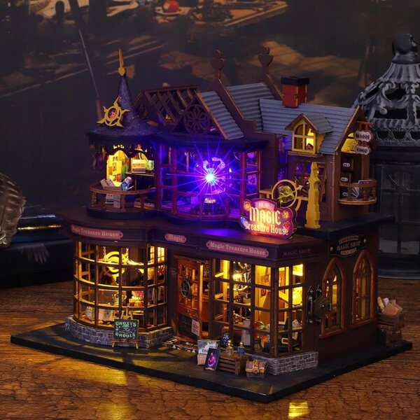 Casa delle bambole in legno fai-da-te con illuminazione a LED ed elementi magici