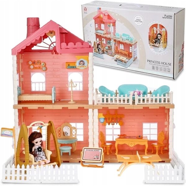 Casa delle bambole rosa fai-da-te con camino e mobili - set per ragazze 3+