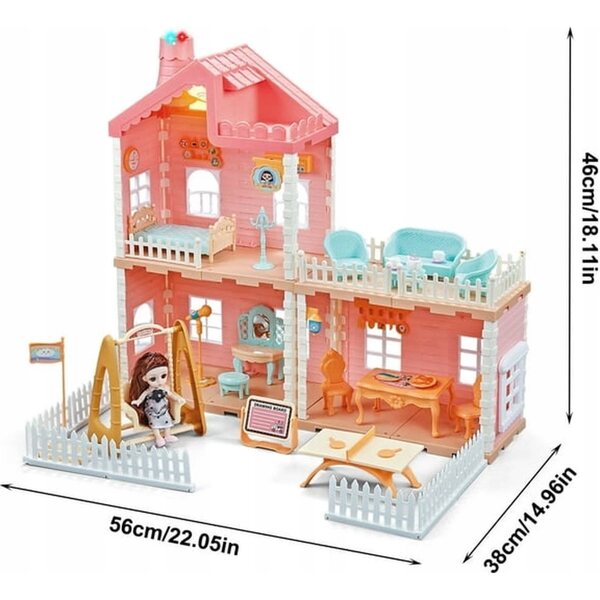 Casa delle bambole rosa fai-da-te con camino e mobili - set per ragazze 3+