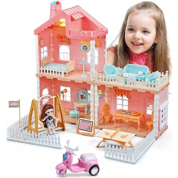 Casa delle bambole rosa fai-da-te con camino e mobili - set per ragazze 3+