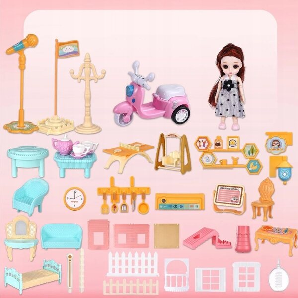 Casa delle bambole rosa fai-da-te con camino e mobili - set per ragazze 3+