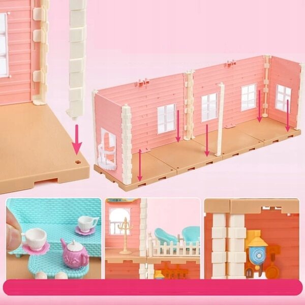 Casa delle bambole rosa fai-da-te con camino e mobili - set per ragazze 3+