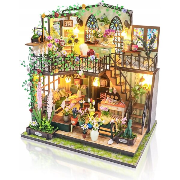 Casa in legno in miniatura con LED e fiori - set da montare