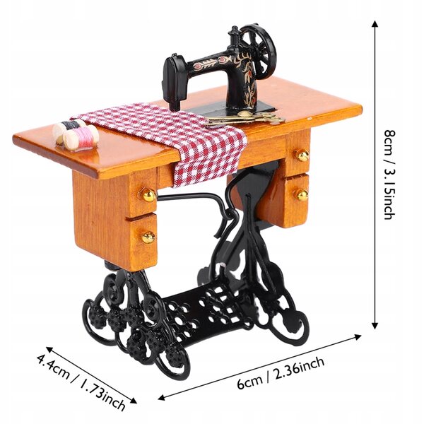 1:12 Puppenhaus-Nähmaschine aus Holz mit Stoff und Zubehör