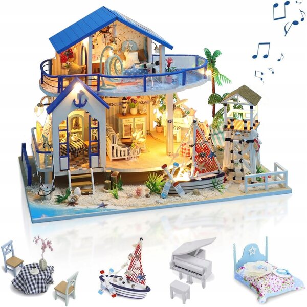 DIY Puppenhaus-Miniatur mit Musik und LED-Lichtern – Niebieska Willa
