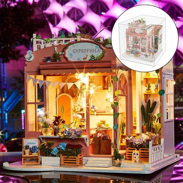 Casa delle bambole in legno fai da te con illuminazione a LED, mobili e musica, modello 22x21x22 cm