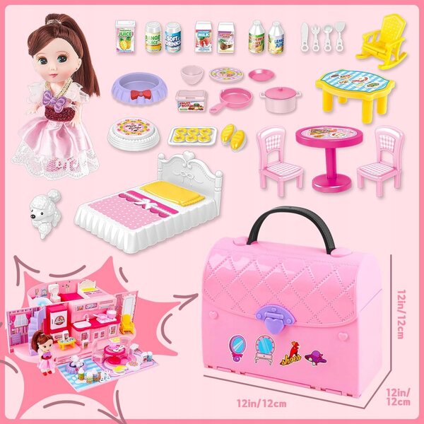 Casa delle bambole portatile con funzioni di luce e musica, rosa
