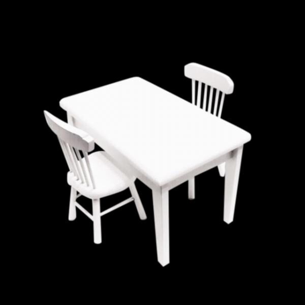 Holzküche Miniatur-Set 1:12 Tisch und 2 weiße Stühle für Puppenhaus