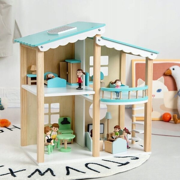 Casetta in legno per bambole con set di mobili completo per bambine