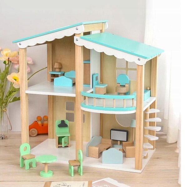 Casetta in legno per bambole con set di mobili completo per bambine