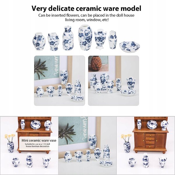 1:12 Mini-Keramikvase für Puppenhaus, blau-weiße Dekoration