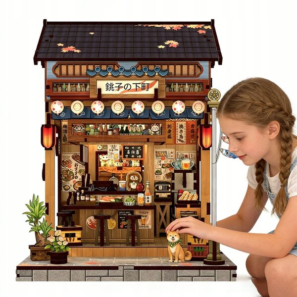 Izakaya-Miniatur aus Holz mit LED und klebstofffreier Montage, kreative Dekoration ab 14 Jahren