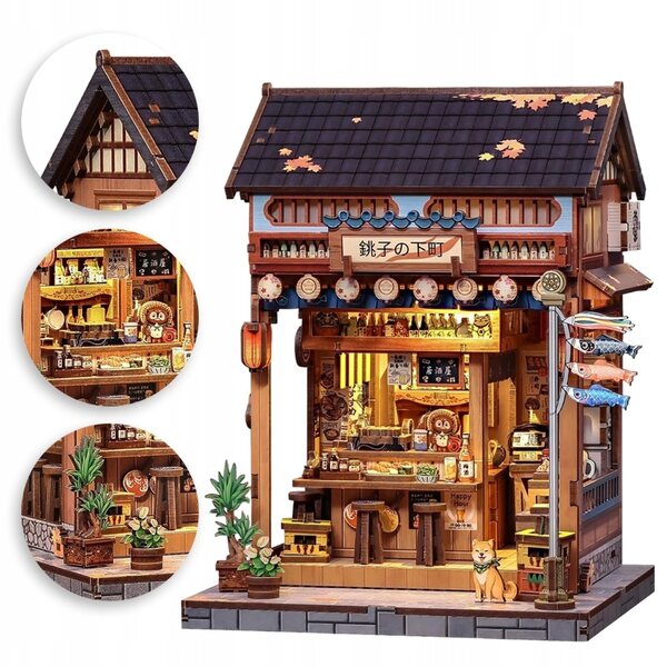 3D-japanische Izakaya-Miniatur aus Holz mit LED-Lichtern – Retro-DIY-Modell