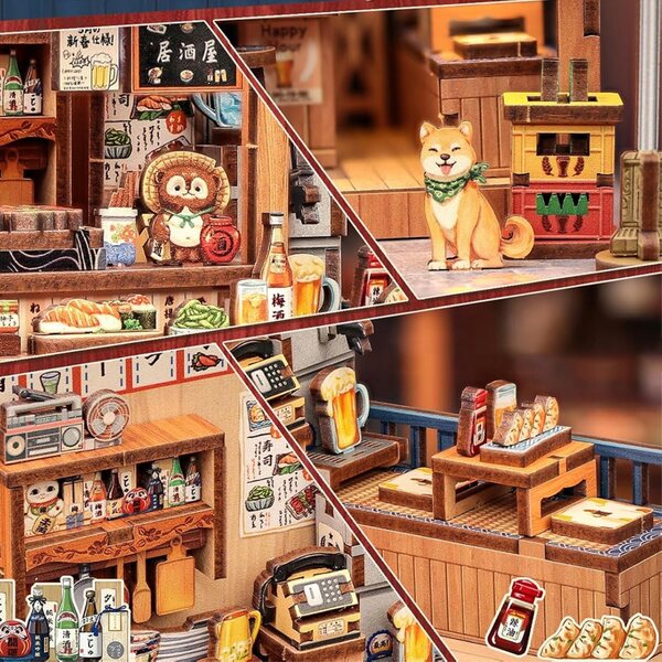 3D-japanische Izakaya-Miniatur aus Holz mit LED-Lichtern – Retro-DIY-Modell