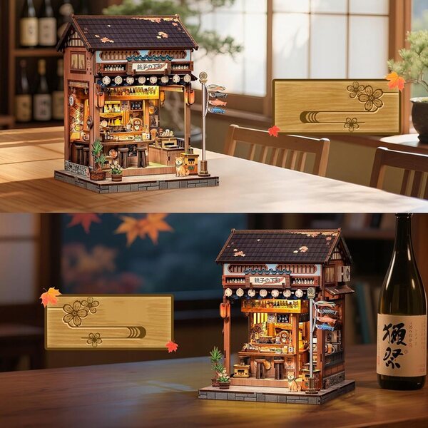 3D-japanische Izakaya-Miniatur aus Holz mit LED-Lichtern – Retro-DIY-Modell