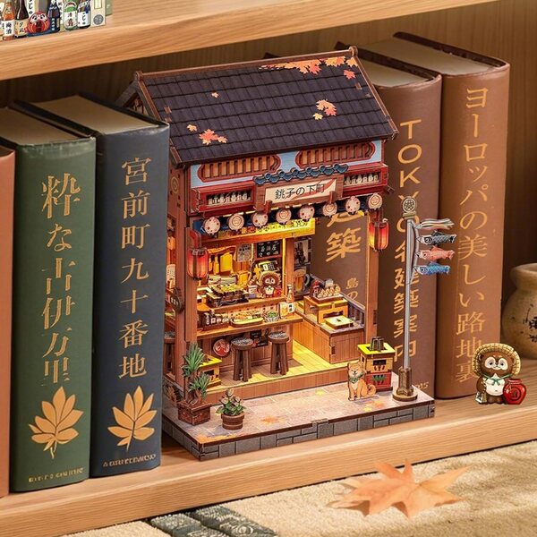 3D-japanische Izakaya-Miniatur aus Holz mit LED-Lichtern – Retro-DIY-Modell