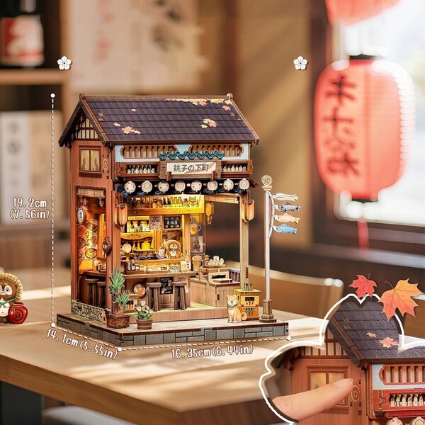 3D-japanische Izakaya-Miniatur aus Holz mit LED-Lichtern – Retro-DIY-Modell