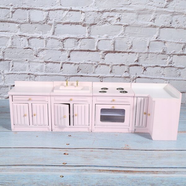 Mini Casa delle Bambole in Legno 1:12 con Mobili Integrati Cucina Rosa