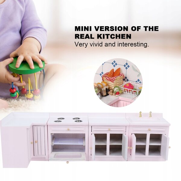 Mini Casa delle Bambole in Legno 1:12 con Mobili Integrati Cucina Rosa