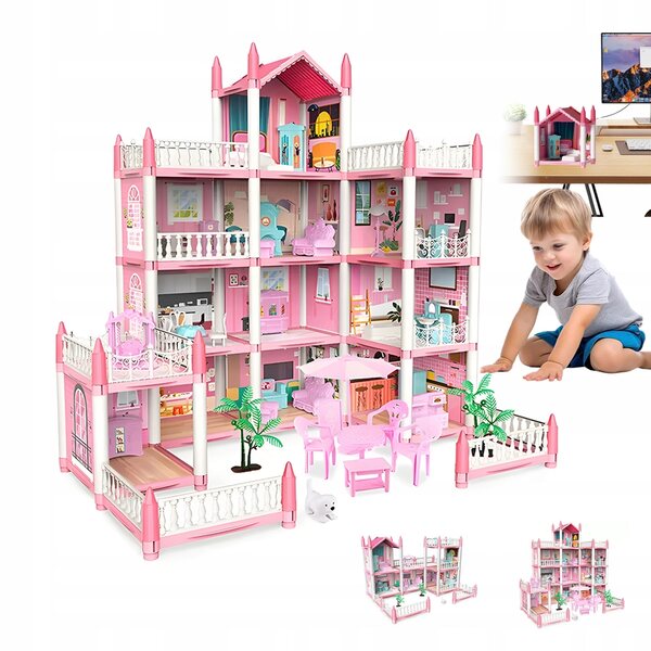 Maison de poupée 4 étages 11 pièces, ensemble créatif de bricolage rose pour enfants