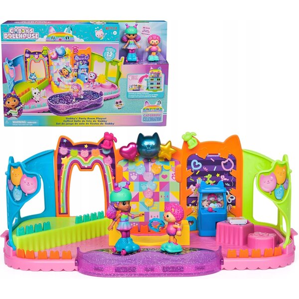 Puppenhaus-Partyraum mit bunten Figuren und Accessoires
