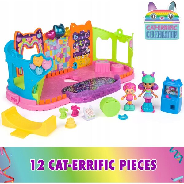 Salle de fête pour maison de poupée avec figurines et accessoires colorés