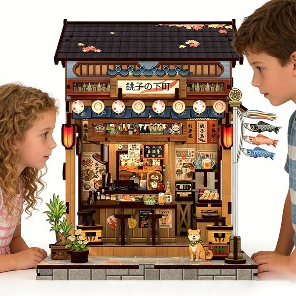 3D-Izakaya-Miniatur aus Holz mit taktilen LED-Lichtern – japanische Dekoration