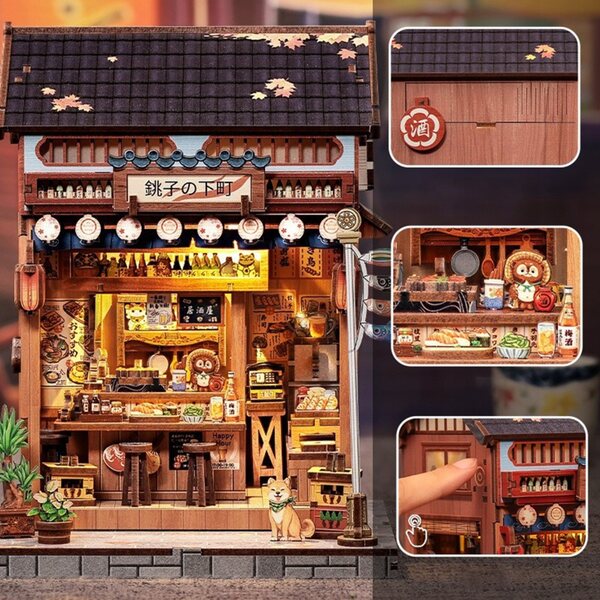 3D-Izakaya-Miniatur aus Holz mit taktilen LED-Lichtern – japanische Dekoration