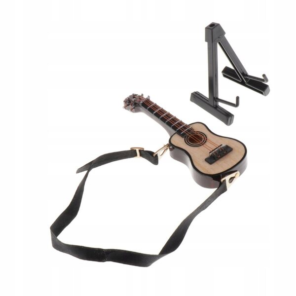 1/12 Gitarrenminiatur aus Holz mit Ständer für Puppenhaus 8 cm