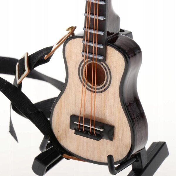 1/12 Gitarrenminiatur aus Holz mit Ständer für Puppenhaus 8 cm