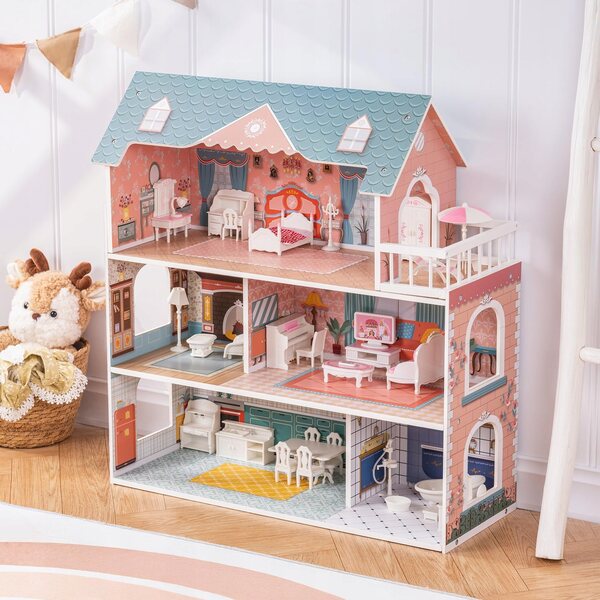 Robud Casa delle Bambole in Legno con Mobili e Accessori Multicolore per Bambini 3+