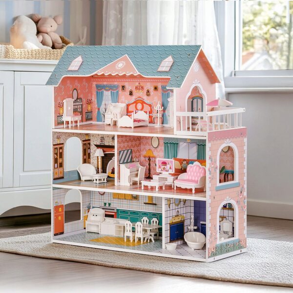 Robud Casa delle Bambole in Legno con Mobili e Accessori Multicolore per Bambini 3+