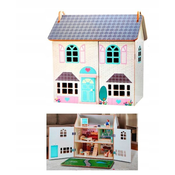 Casa delle bambole in legno Giostra con mobili e due bambole, giardino
