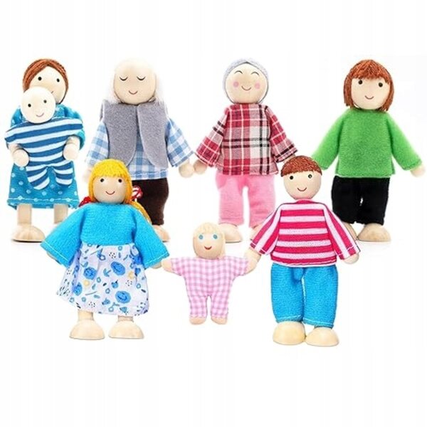 Familienset für Puppenhaus aus Holz mit beweglichen Figuren und Zubehör