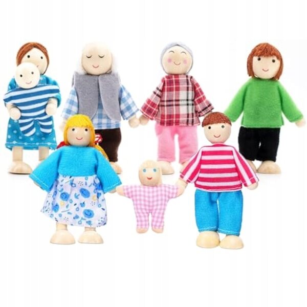 Familienset für Puppenhaus aus Holz mit beweglichen Figuren und Zubehör